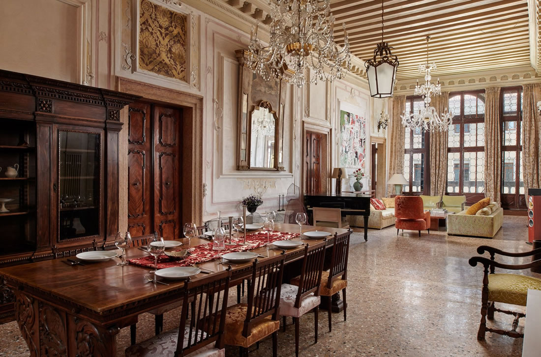 The dining room in Armani's Milanese palazzo apartment designed by